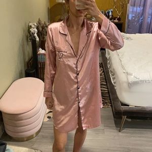 Pink satin silk nightgown slip shirt dress